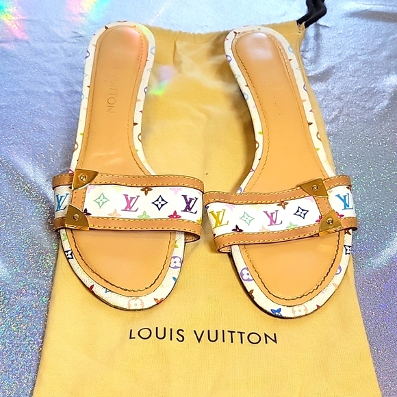 Louis Vuitton Shoes - LV Murakami Multi-Colored Monogram White Leather Sandal Kitten Heel SZ:39.5/ 9